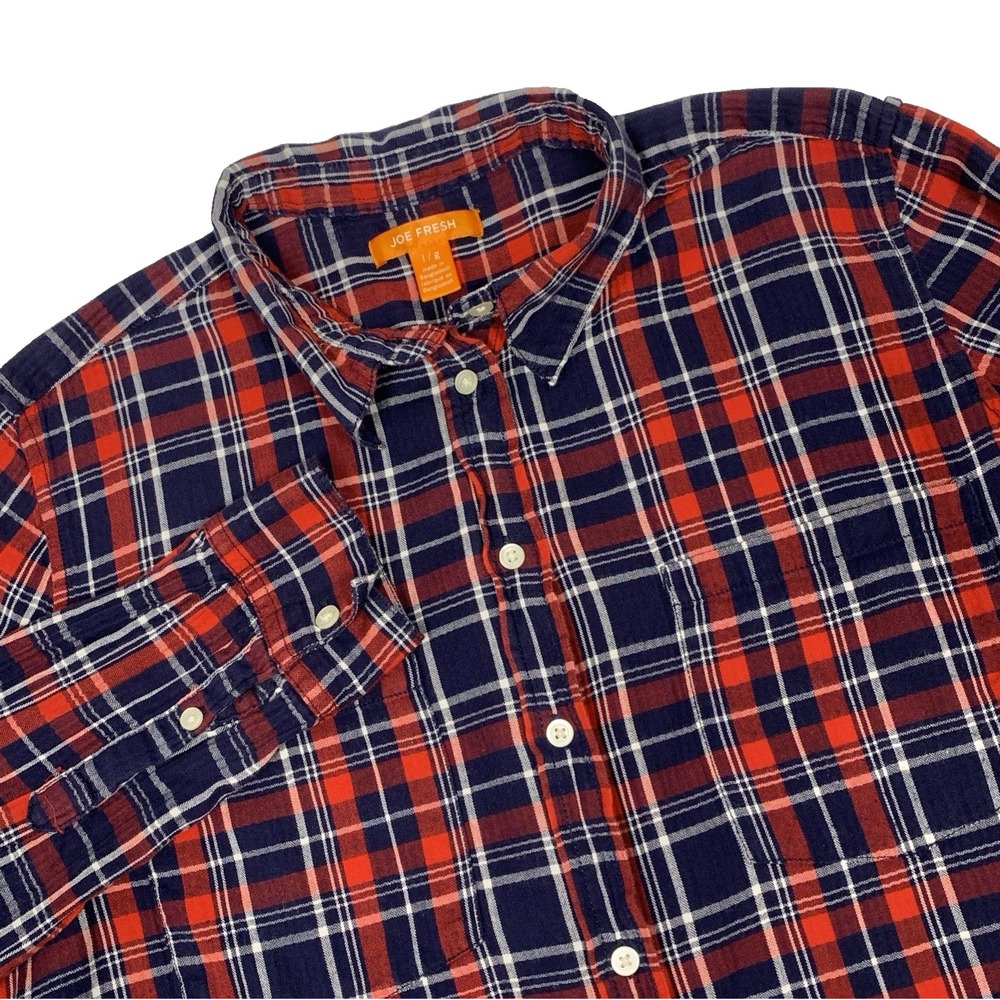 Joe Fresh Plaid Flannel Shirt Womens L Red Black Cotton Button Down Pockets